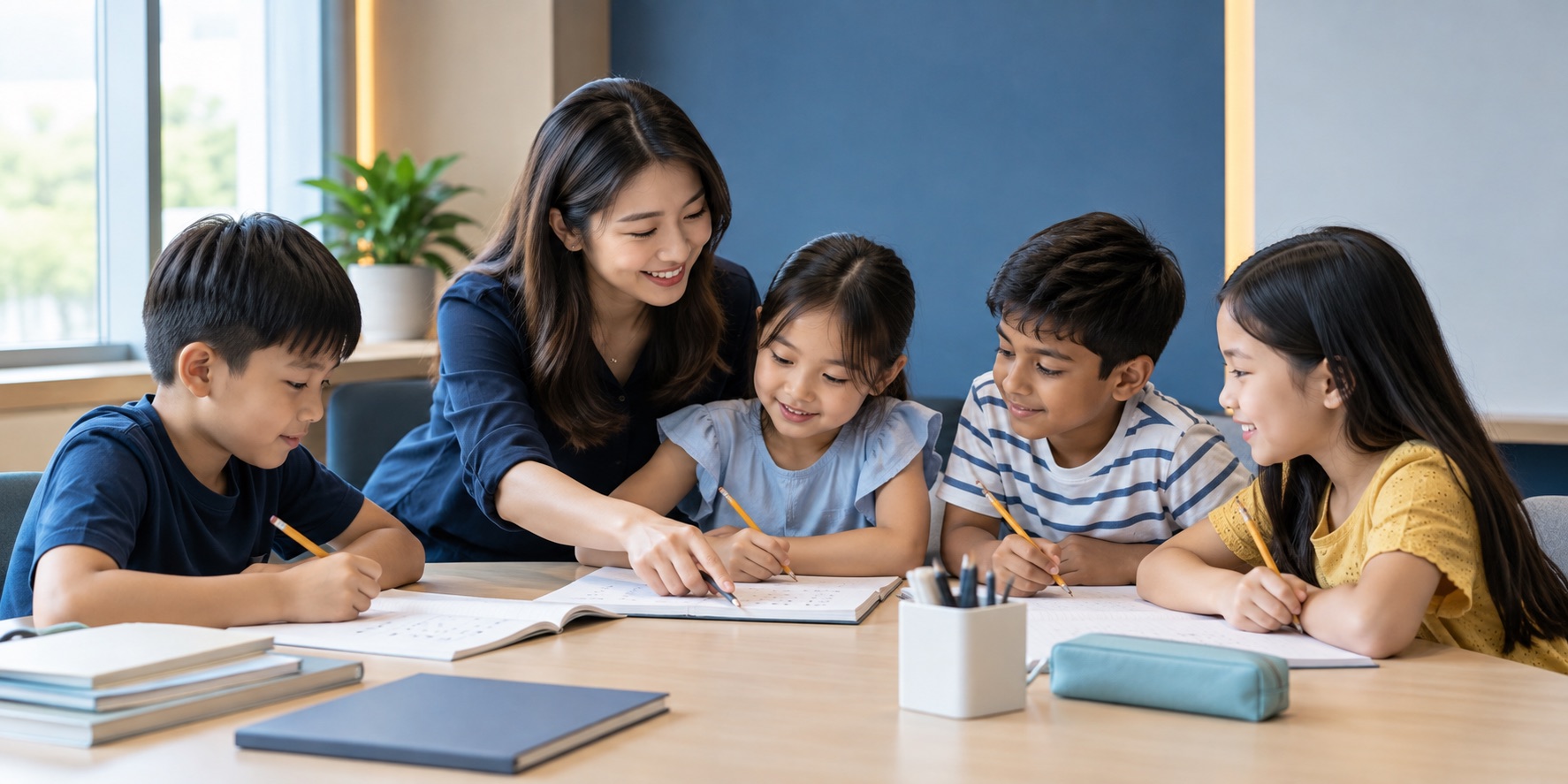 Tutor guiding primary-school children in a small learning group