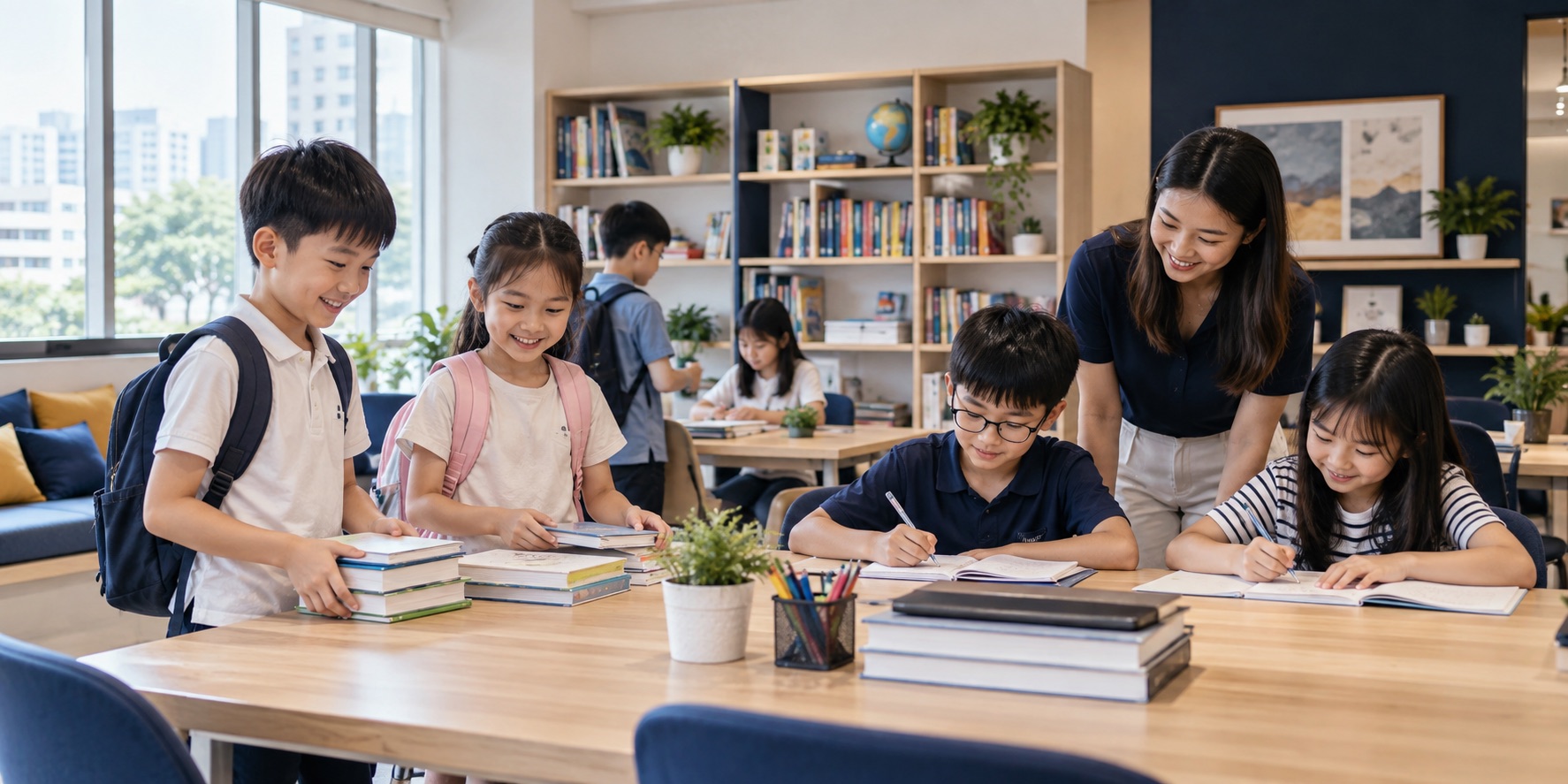 Children arriving and settling into a bright learning studio